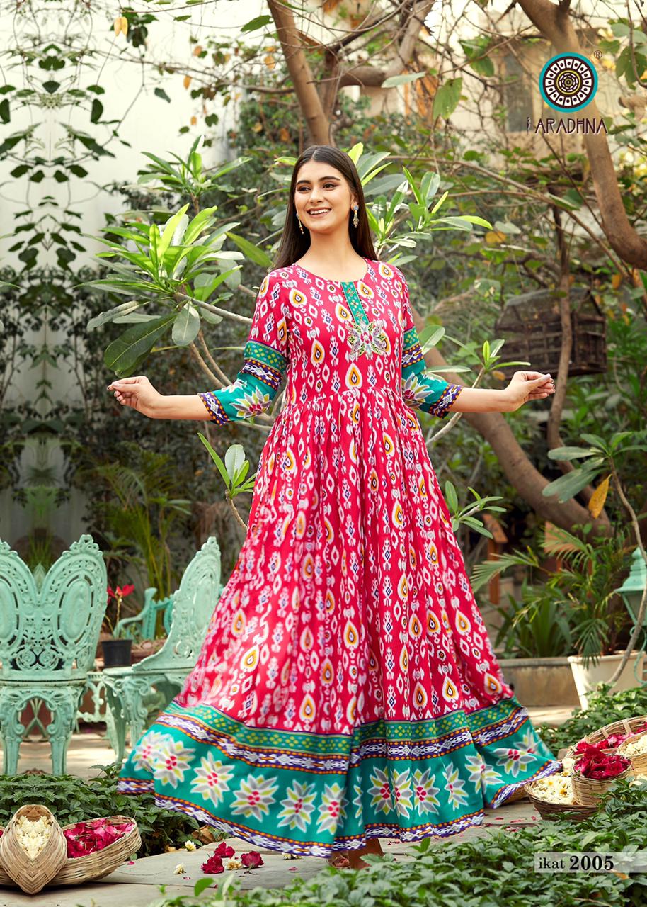 Aradhna Ikat 2 Heavy Rayon Designer Printed  Anarkali Long Kurti Collection